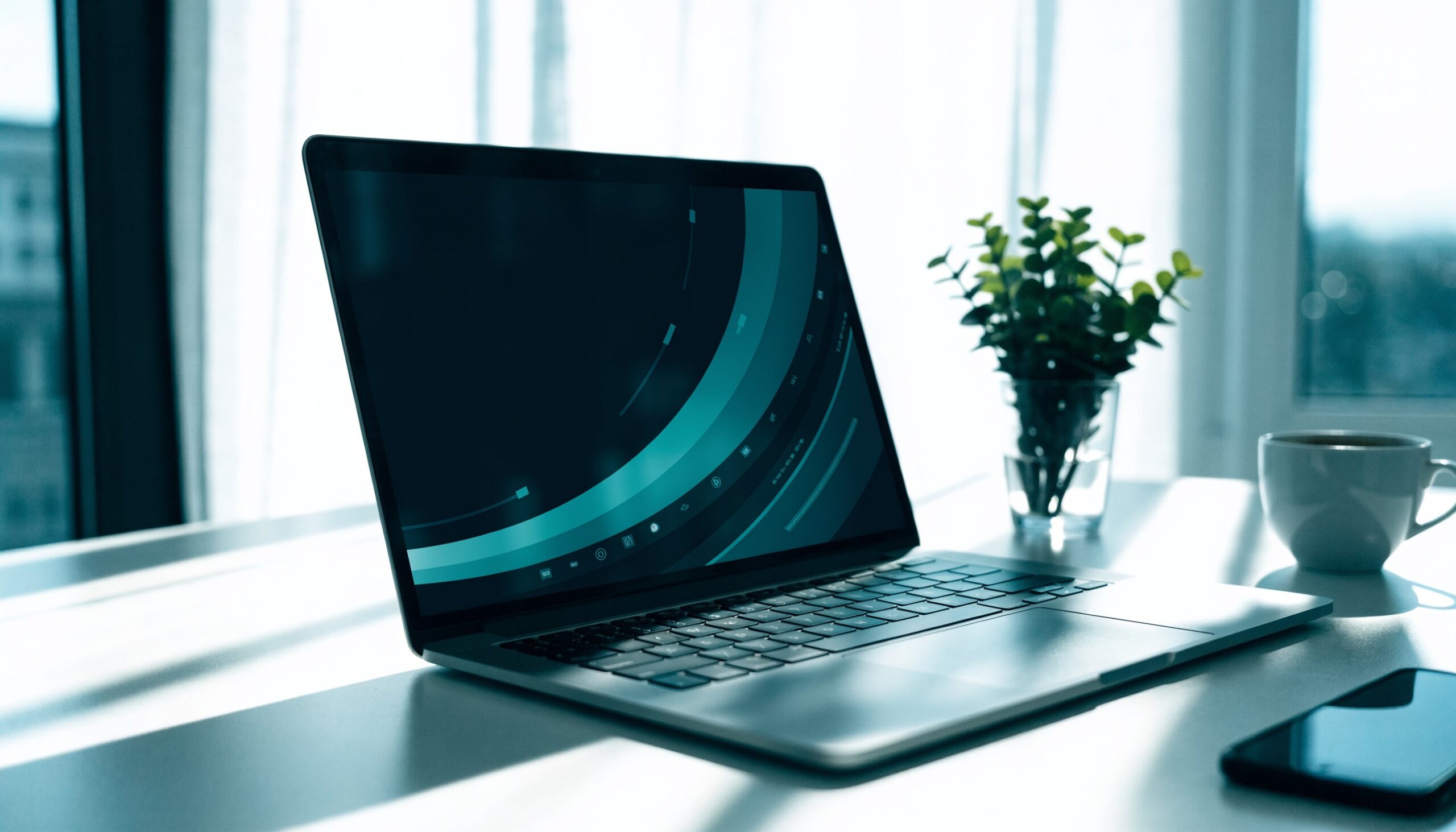 Heller Arbeitsplatz mit Laptop und türkisen Analyse-Kurven – Symbol für Suchmaschinenoptimierung