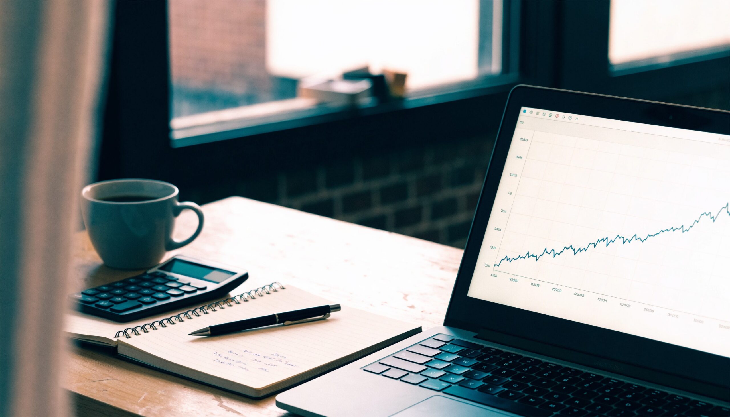 Laptop mit steigender Traffic-Kurve, Notizbuch und Taschenrechner am Schreibtisch – SEO-Budget planen