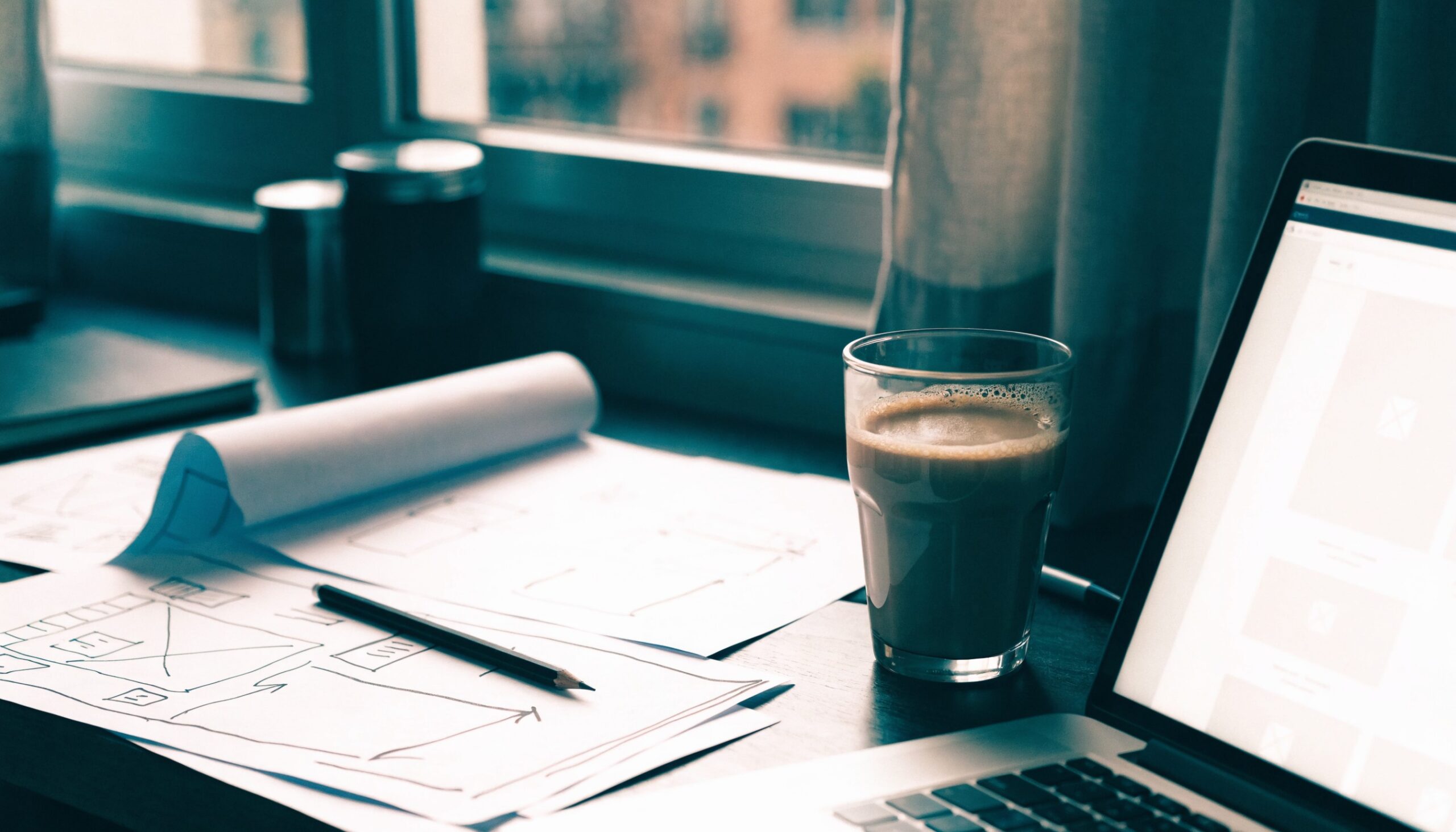 Handgezeichnete Website-Wireframes und Laptop mit Baukasten-Vorlage am Schreibtisch – Webdesigner oder Baukasten