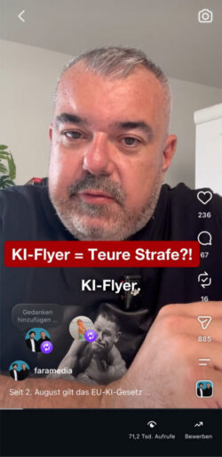 Smartphone zeigt ein Talking-Head-Video von FARA MEDIA mit der Einblendung „KI-Flyer = Teure Strafe?!“ und 71,2 Tausend Aufrufen